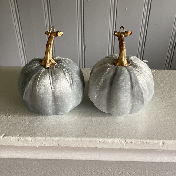 NWT Set of 2- Velvet Pumpkins- 2 Gray Silver Fall Holiday Decorations 🎃🍁 - Picture 5 of 17